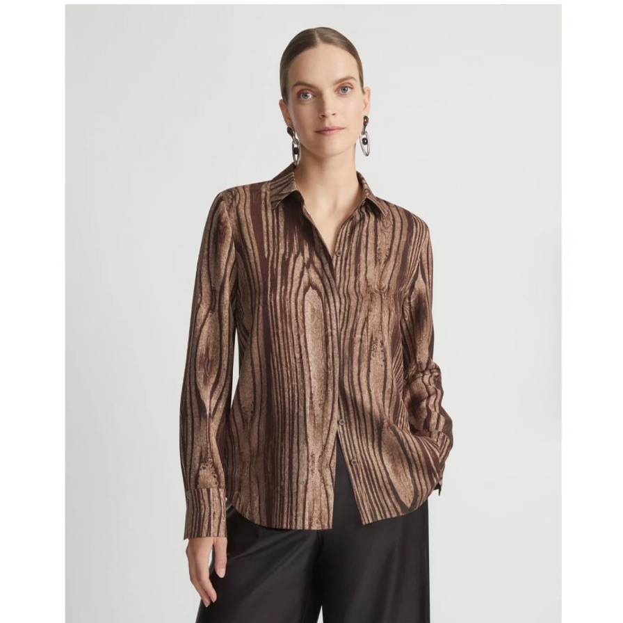 Wood Grain Print Silk Jacquard Button Blouse
